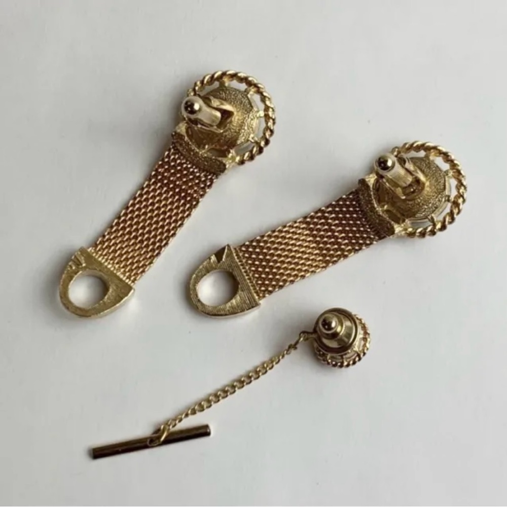 Vintage Watermelon Rivoli Cufflinks Tie Tack Gold Tone Mesh Wrap Around Cuff - Picture 3 of 6